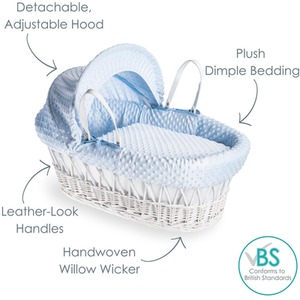 Dimple White Wicker Moses Basket - Blue by Clair de Lune