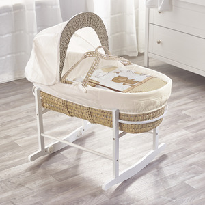 Tiny Ted Cream Palm Moses Basket with White Rocking Stand - White by Kinder Valley