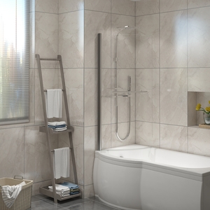 Curved Pivot Bath Screen Panel for P-Shaped Bath with Towel Rail - Chrome