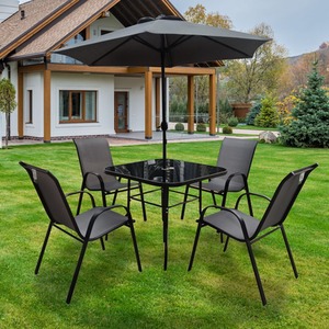 The Lancaster - Black and Grey Metal 4 Seat Garden Dining Set with Parasol - Grey by Madefor.living