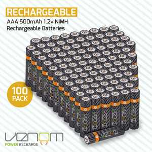 500mAh Rechargeable AAA Batteries (100-Pack) - Black by Venom