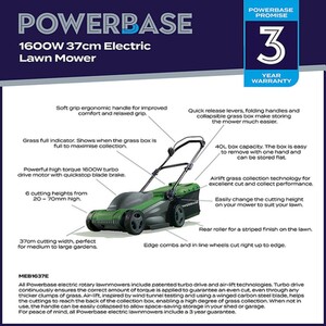 Powerbase Electric Mower with Rear Roller - Green / 37cm Cutting Width by Powerbase