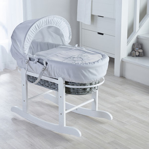 Teddy Wash Day Grey Wicker Moses Basket with Little Gem Rocking Stand - White by Kinder Valley