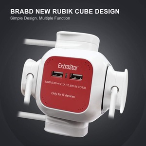 Power Cube 4 Ways Sockets 2 x USB Charger 5V 1.5m - Red by ExtraStar