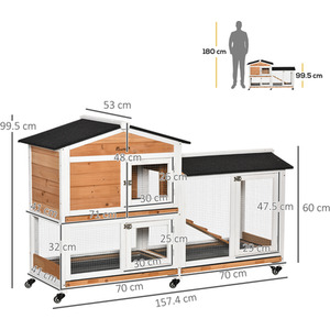 PawHut Two-Tier Wooden Pet Hutch with Wheels, Run - Yellow by PawHut
