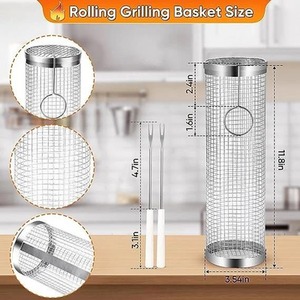 Stainless Steel Rolling BBQ Grill Basket for Vegetables Fish Meats - Silver by Dyzi