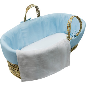 Blue Moses Basket with Natural Rocking Stand, Sheet and Grey Cellular Blanket - Blue by Kinder Valley