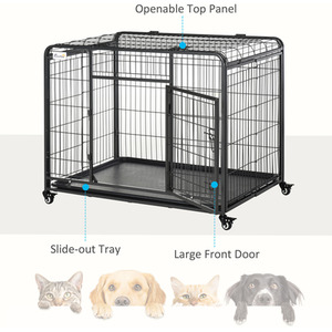 Pawhut Metal Dog Cage Kennel with Wheels Openable Top - Black / 109.5cm by Pawhut