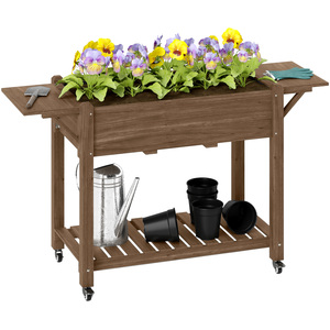 Outsunny Raised Wooden Planter with Lockable Wheels - Carbonised finish by Outsunny