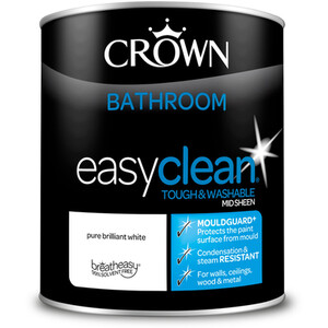 Crown Easyclean Mid Sheen Bathroom Paint - Pure Brilliant White / 1l by Crown Paints