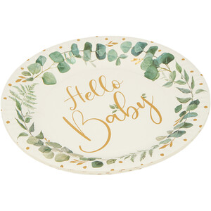 Pack of 8 Paper Hello Baby Plates - White