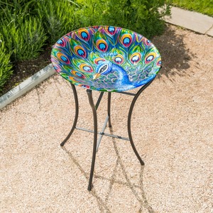 Peacock Glass Bird Bath - Blue by Christow