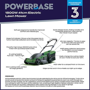 Powerbase Electric Mower with Rear Roller - Green / 41cm Cutting Width by Powerbase