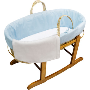 Blue Moses Basket with Natural Rocking Stand, Sheet and Grey Cellular Blanket - Blue by Kinder Valley