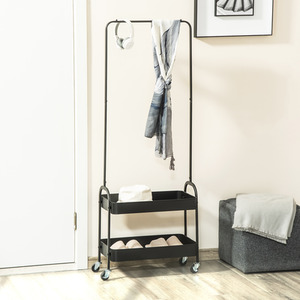 HOMCOM Metal Clothes Rack with Shoe Storage, Freestanding Hall Tree on Wheels - Black by HOMCOM