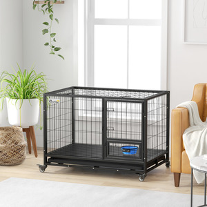 PawHut Heavy Duty Dog Crate on Wheels with Bowl Holder - Black / 74cm by PawHut