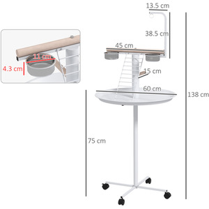 PawHut Bird Table with Four Wheels Perches Feed Bowls Round Tray - White by PawHut