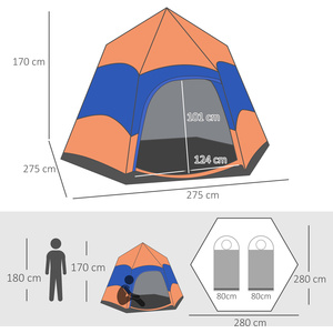 Outsunny Six Man Hexagon Pop Up Tent - Orange and Blue by Outsunny