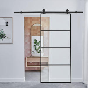 Glass Black Frame Barn Door with Sliding Hardware Kit by Livingandhome