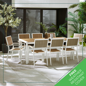 Dubai Outdoor 8 Seater Dining Set - Metal and Polywood, Modern Rustic Design - White by Furnitureboxuk
