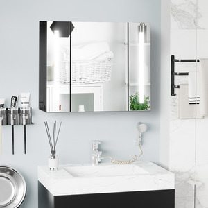 kleankin LED Bathroom Cabinet with Mirror, Dimmable Storage Organiser - High Gloss Black by kleankin
