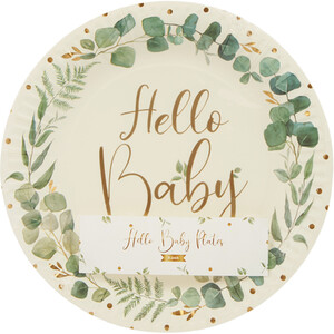 Pack of 8 Paper Hello Baby Plates - White