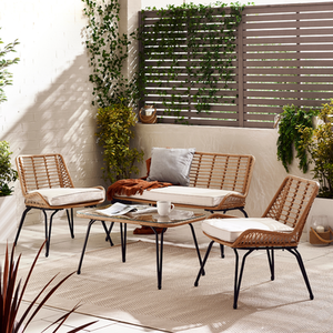 Outdoor Rattan Sofa - Lisbon Garden Sofa Chairs Table Set - Wicker and Cream - Beige by FurnitureboxUK