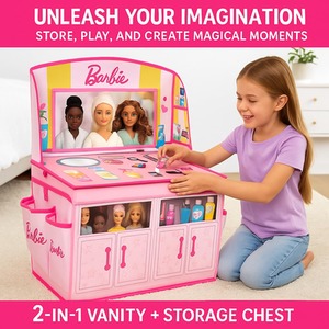 Barbie Doll Storage Vanity Chest - 2-in-1 Foldable Storage Box Playset - Pink by Barbie
