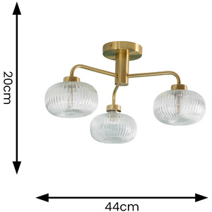 Amaia 3 Way IP44 Bathroom Ceiling Light Ribbed Glass Shades and Bulbs - Gold by ValueLights