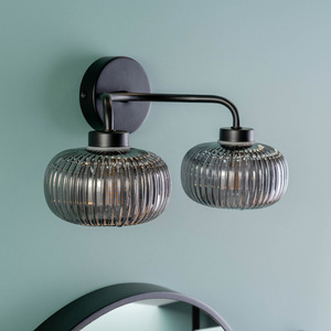 Amaia 2 Way IP44 Bathroom Wall Light with Ribbed Glass Shades and Bulbs - Black by ValueLights