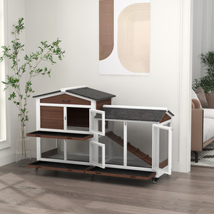 PawHut Two-Tier Wooden Pet Hutch with Wheels, Run - Brown by PawHut