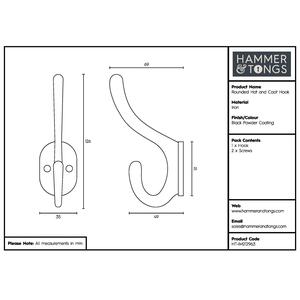 35x125mm Rounded Hat Coat Hook Black - Black by Hammer and Tongs