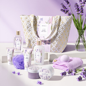 Gift Set Lavender Scented Spa Bath Collection - 10 Pieces / Body Wash, Bubble Bath, Body Lotion, Body Scrub, Hand Cream, Bath Bomb, Body Butter, Hair Turban Towel, Shower Pouf, Storage Tote Bag by Livingandhome