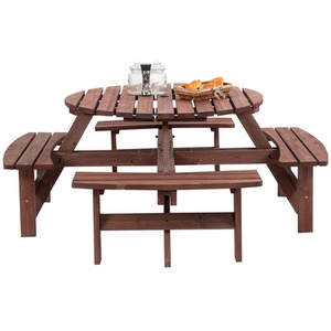 BIRCHTREE 8 Seater Wooden Picnic Table Round Pub Bench - Brown by BIRCHTREE