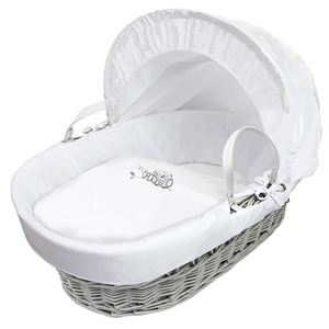Sleepy Little Owl Grey Wicker Moses Basket with White Little Gem Rocking - White by Kinder Valley