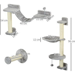 PawHut 4 Piece Wall Mounted Cat Shelves - Grey by PawHut