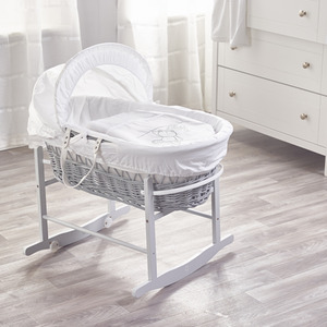 White Teddy Wash Day Grey Wicker Moses Basket with Grey Rocking Stand - White by Kinder Valley