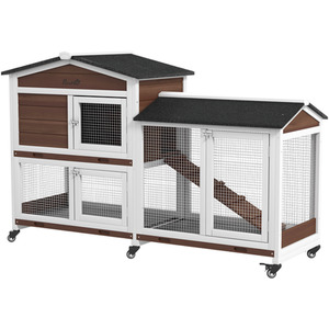 PawHut Two-Tier Wooden Pet Hutch with Wheels, Run - Brown by PawHut