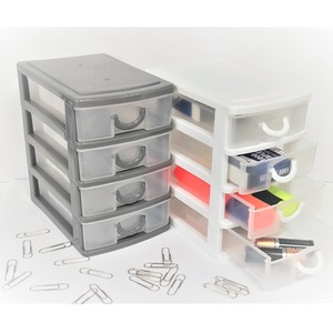 2 Mini Desktop Drawer Units 4 Tier Stationery Desk Storage Organiser 13.8cm - Silver & White by GEM