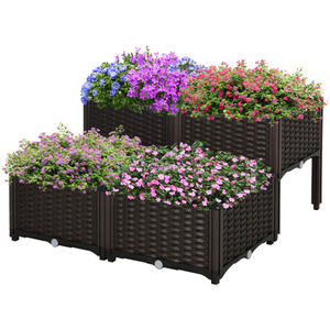 Outsunny Rattan Effect Raised Flower Planter Bed - Brown / Set 4 by Outsunny