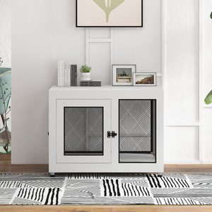 PawHut Dog Kennel Furniture End Table with Two Doors, Cushion - White by PawHut