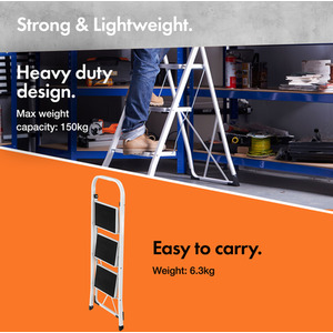 3 Step Steel Folding Step Ladder with Anti Slip Feet - White by VonHaus
