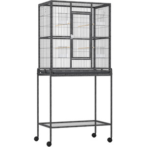 PawHut Bird Cage with Stand Storage Shelf Wood Perch for Parrot - Black and grey by PawHut