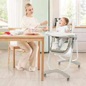 Multifunctional Folding Baby High Chair with Wheels - White by Costway