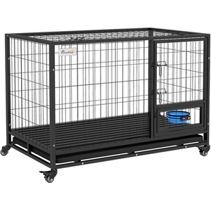 PawHut Heavy Duty Dog Crate on Wheels with Bowl Holder - Black / 74cm by PawHut