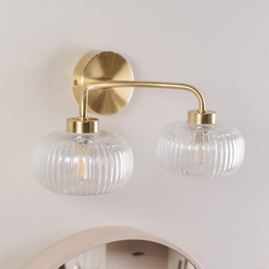 Amaia 2 Way IP44 Bathroom Wall Light with Ribbed Glass Shade - Brushed Gold by ValueLights