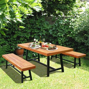 Outsunny Garden 3 Pieces Acacia Wood Picnic Table and 2 Benches Set - Natural wood colour by Outsunny