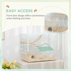 PawHut Hamster Cage with Deep Bottom, Wooden Ramp, Exercise Wheel, Food Bowl - White by PawHut