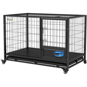 PawHut Heavy Duty Dog Crate on Wheels with Bowl Holder - Black / 74cm by PawHut