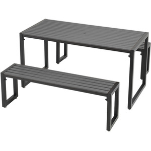 HomeScape Outdoor Dining Set with Benches - Grey Top + Black Frame by Kindred Trading LTD